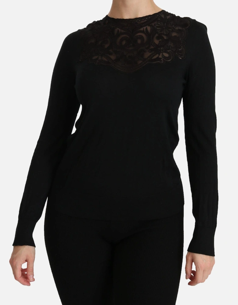 Crew Neck Long Sleeve Lace Blouse Women - Black Sweaters