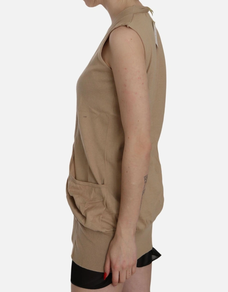 Sleeveless Cotton Cardigan Top with Pockets Women - Brown Vests