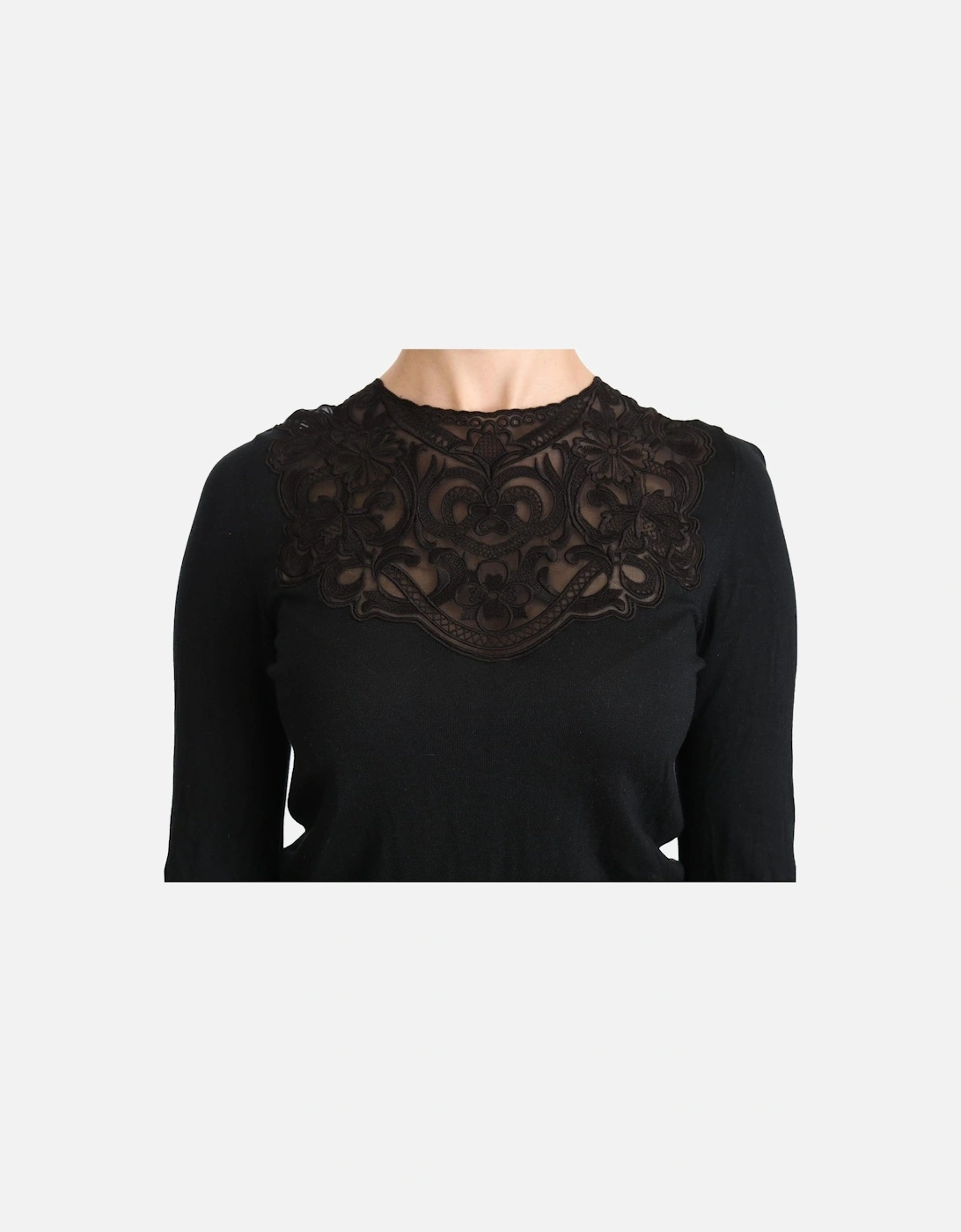 Crew Neck Long Sleeve Lace Blouse Women - Black Sweaters