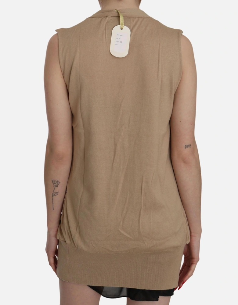 Sleeveless Cotton Cardigan Top with Pockets Women - Brown Vests