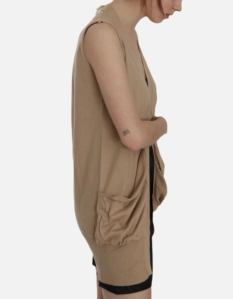 Sleeveless Cotton Cardigan Top with Pockets Women - Brown Vests