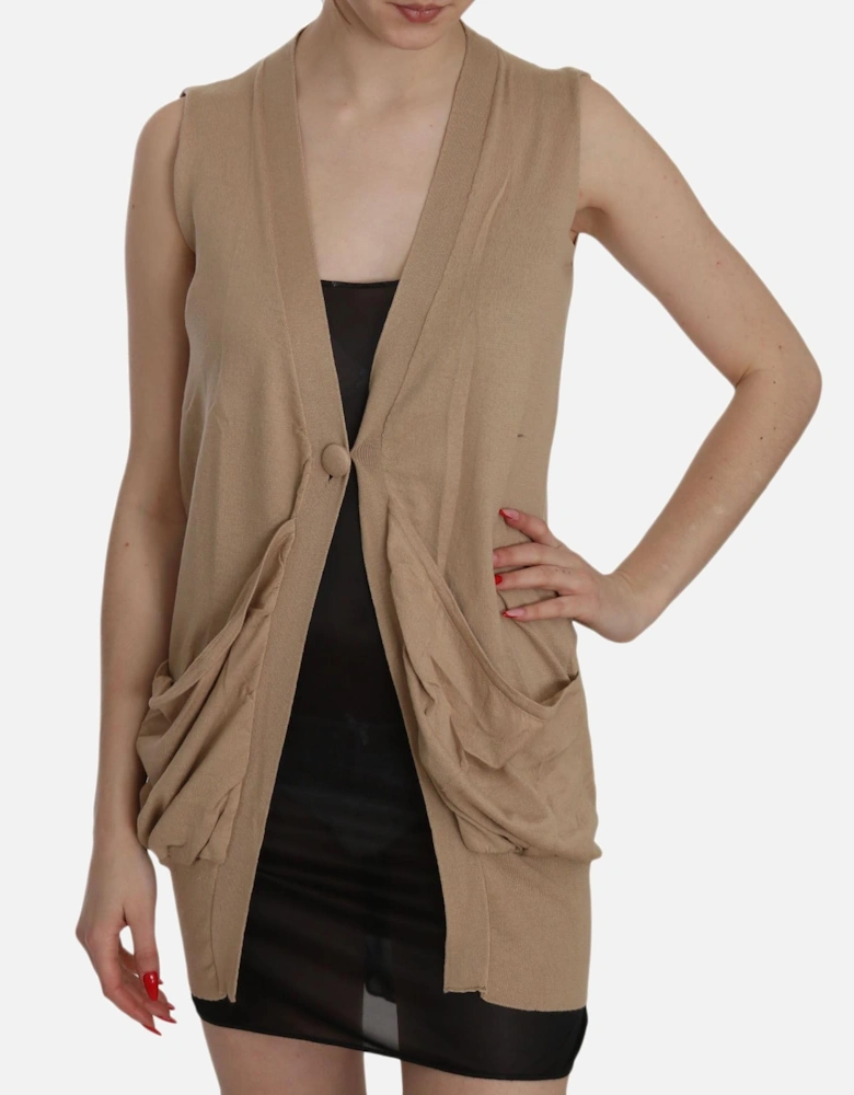 Sleeveless Cotton Cardigan Top with Pockets Women - Brown Vests