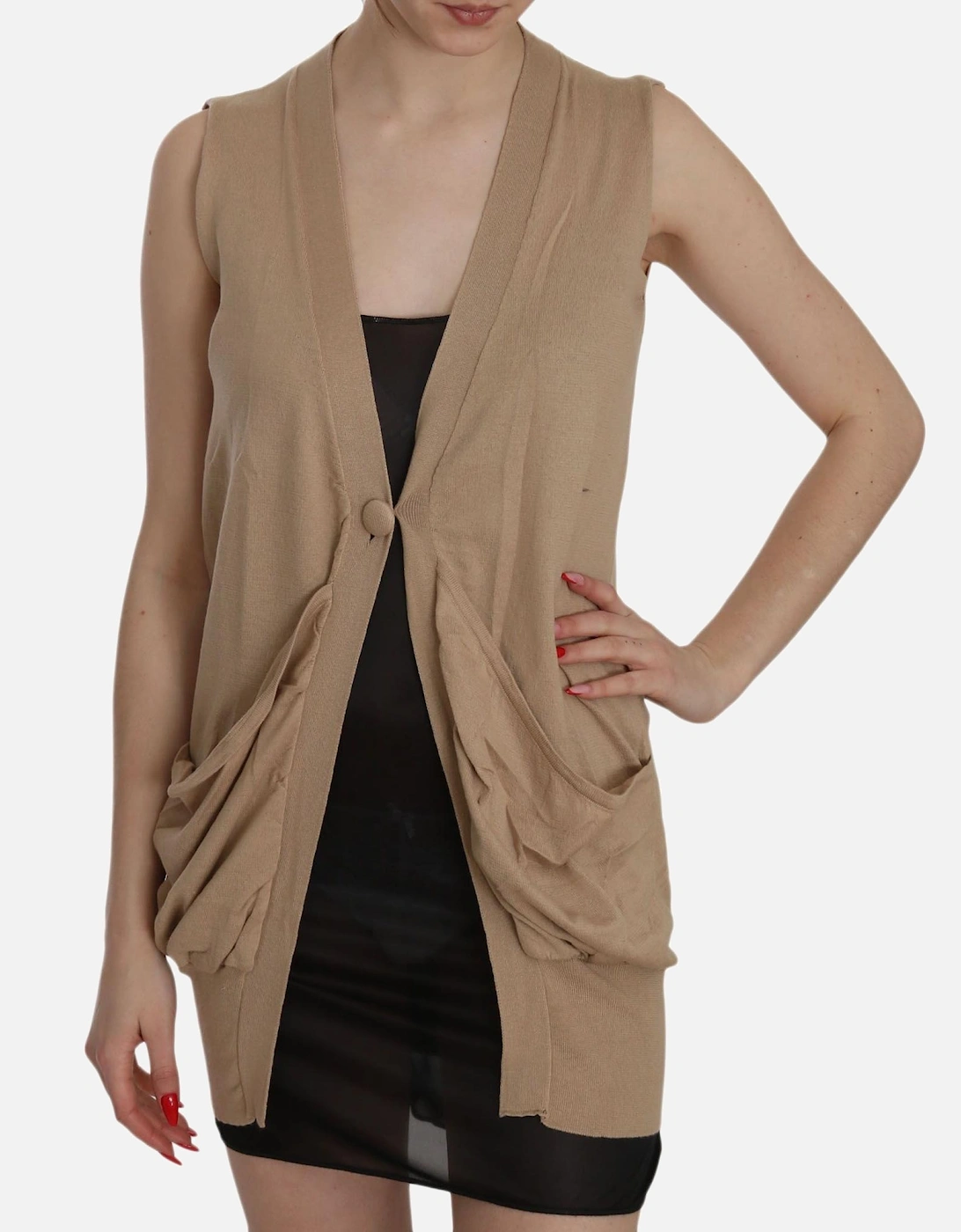 Sleeveless Cotton Cardigan Top with Pockets Women - Brown Vests, 6 of 5