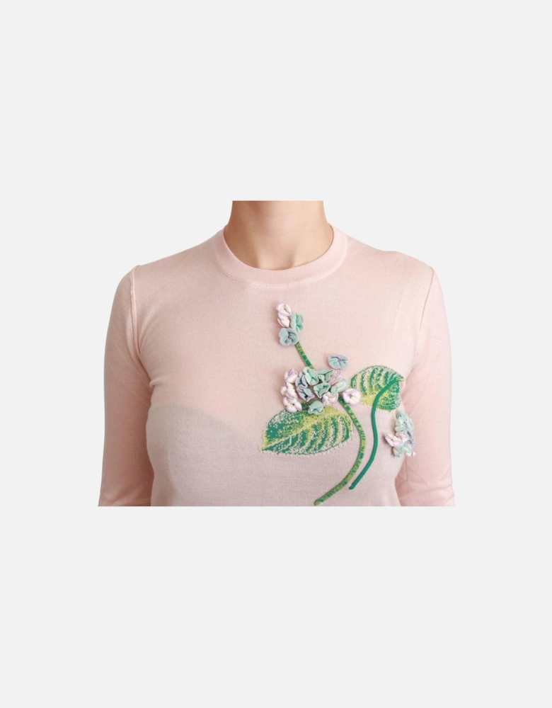 Floral Embroidered Cashmere Pullover Women - Pink Sweaters