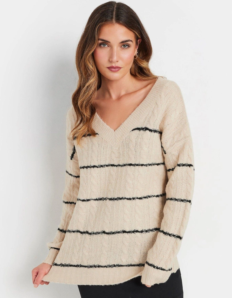 Stripe Cable V Neck Jumper - Natural