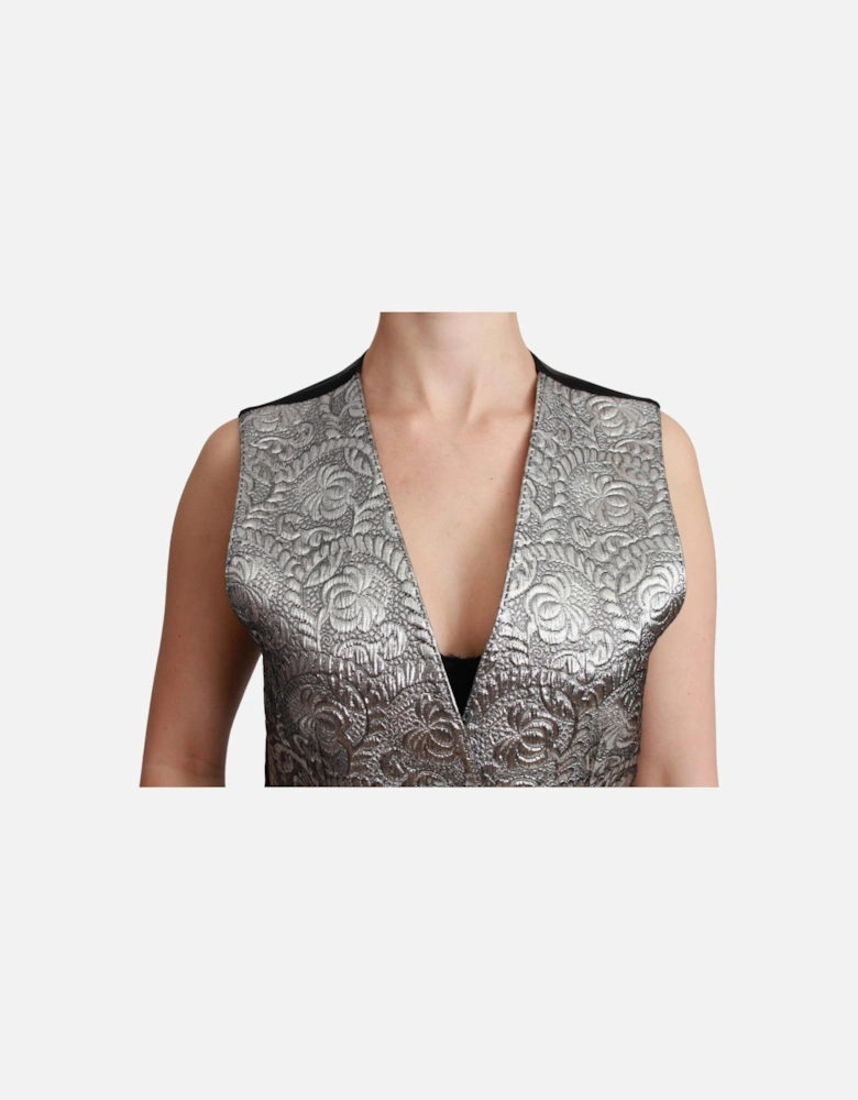 Sleeveless Metallic Brocade Vest with Adjustable Strap Women - Silver