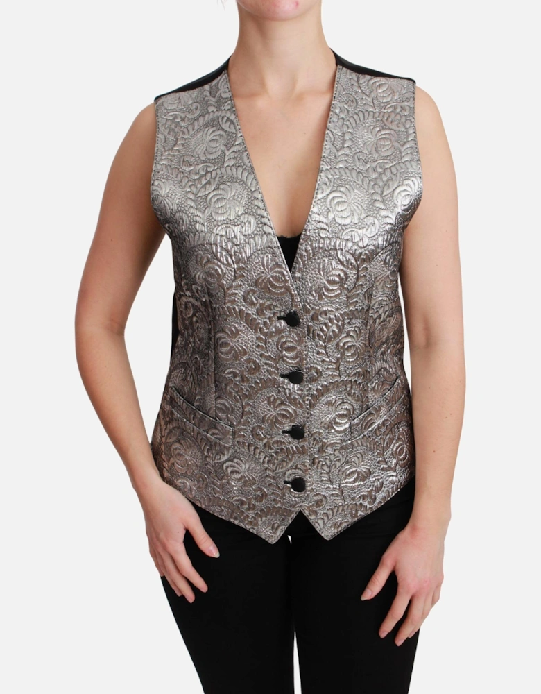 Sleeveless Metallic Brocade Vest with Adjustable Strap Women - Silver
