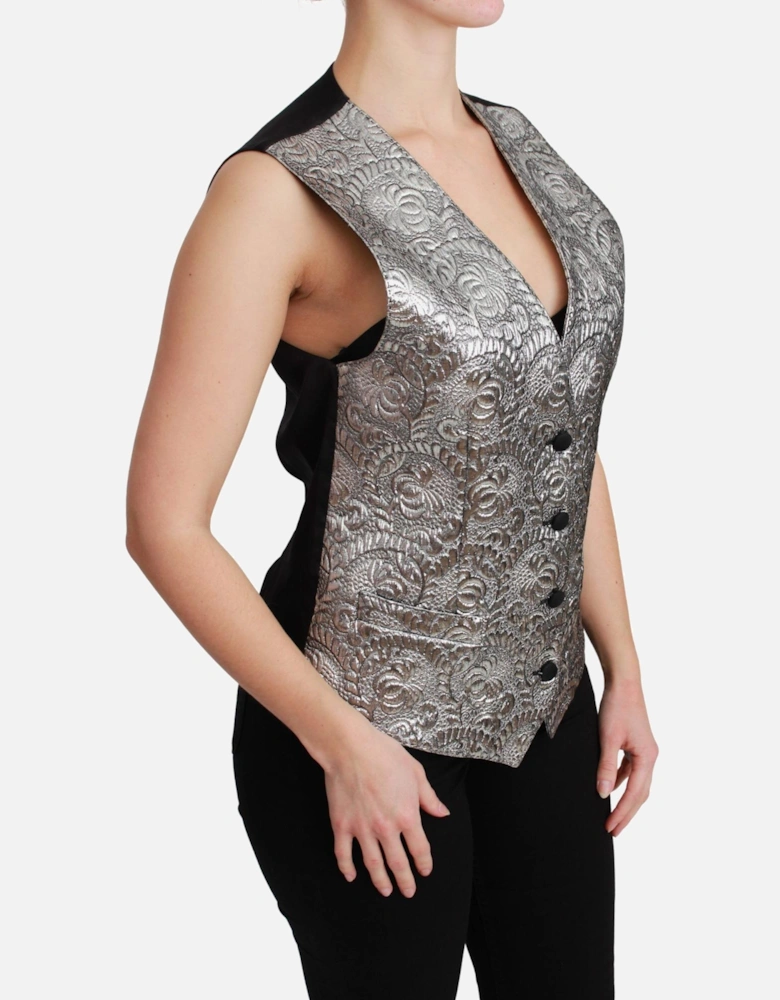 Sleeveless Metallic Brocade Vest with Adjustable Strap Women - Silver