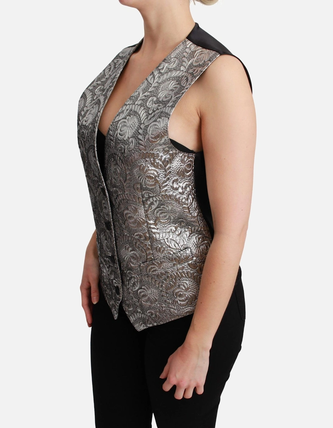 Sleeveless Metallic Brocade Vest with Adjustable Strap Women - Silver