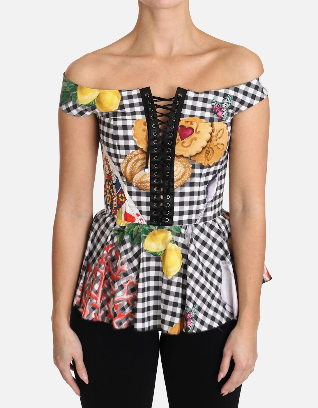 Checkered Corset Top with Sicily Motif Print Women - Blackwhite, 7 of 6