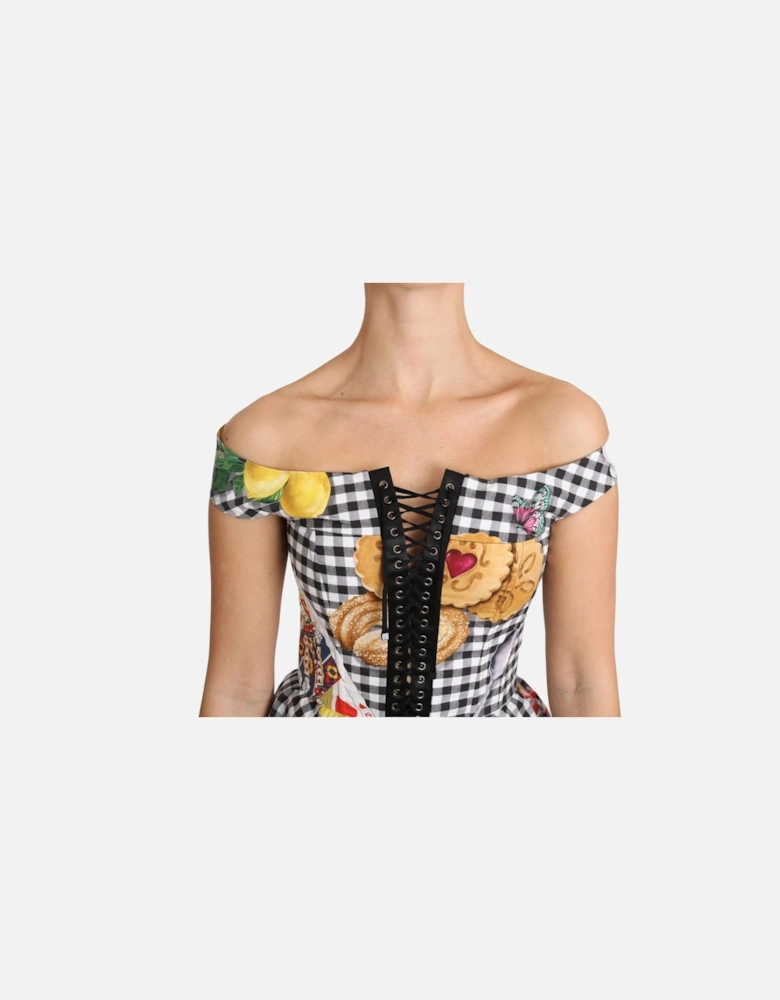Checkered Corset Top with Sicily Motif Print Women - Blackwhite