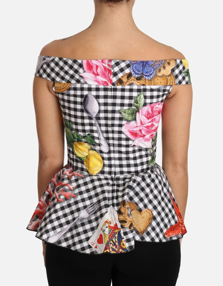 Checkered Corset Top with Sicily Motif Print Women - Blackwhite