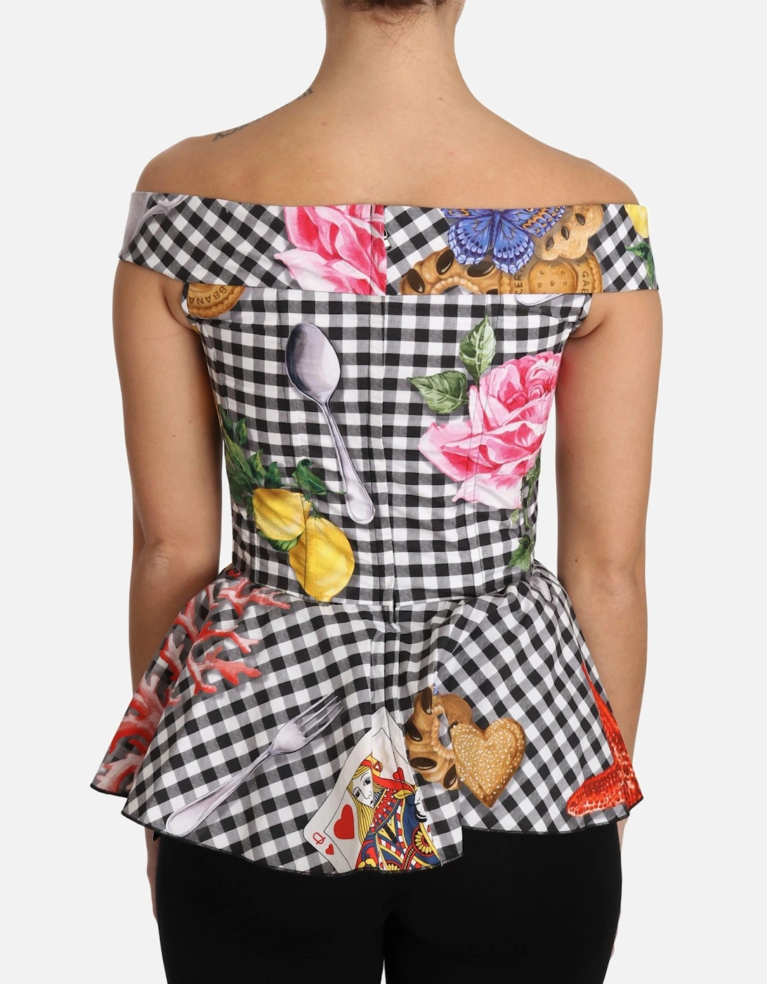 Checkered Corset Top with Sicily Motif Print Women - Blackwhite
