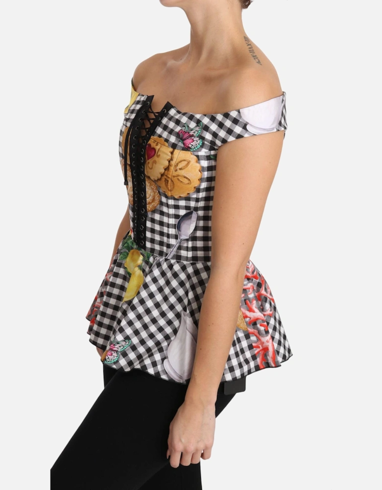 Checkered Corset Top with Sicily Motif Print Women - Blackwhite