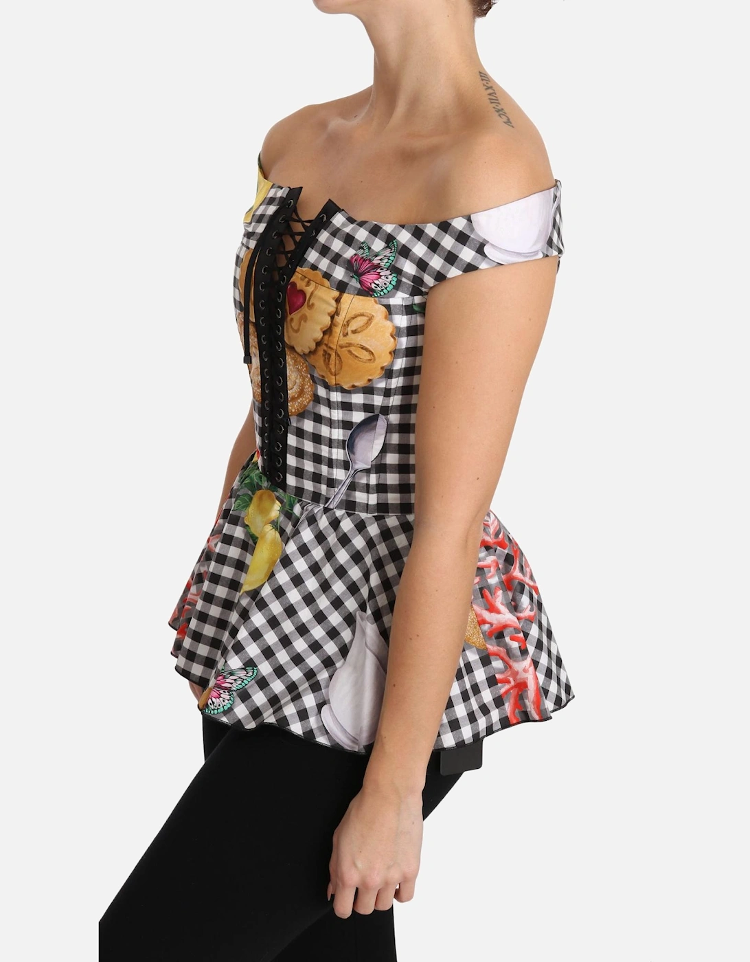 Checkered Corset Top with Sicily Motif Print Women - Blackwhite