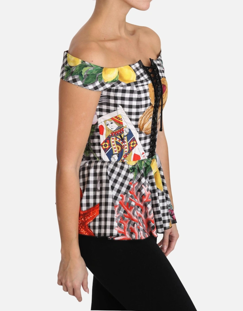 Checkered Corset Top with Sicily Motif Print Women - Blackwhite