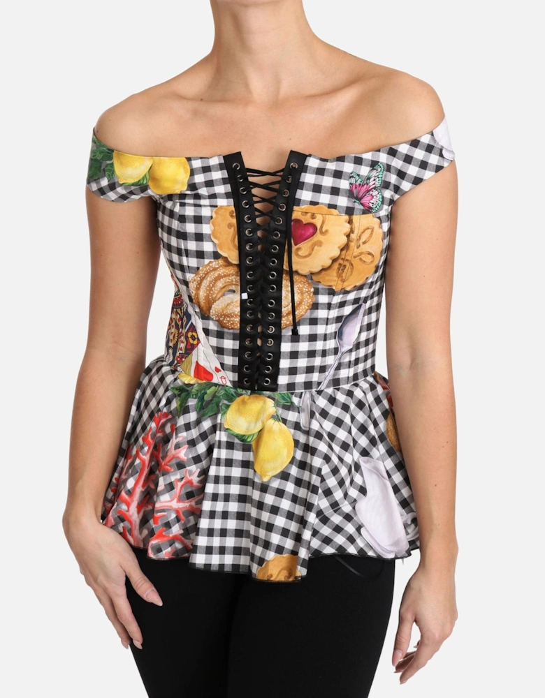 Checkered Corset Top with Sicily Motif Print Women - Blackwhite