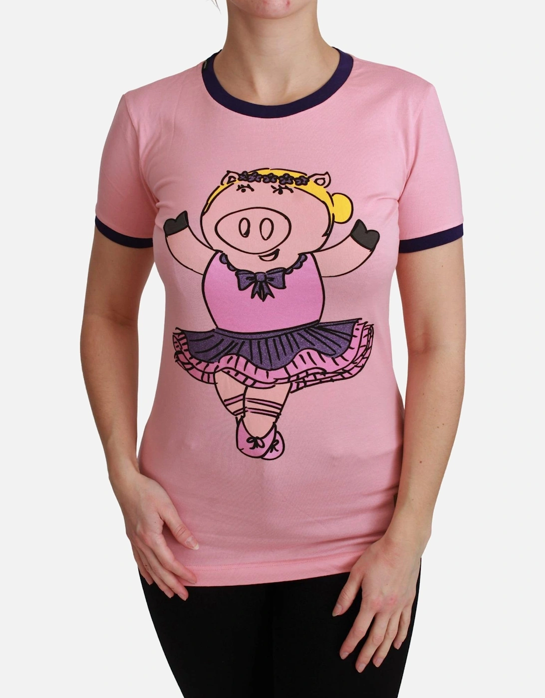 Dolce & Gabbana Women's Pink Pig Ballerina Tshirt Short Sleeve - T-Shirts - : Size 8