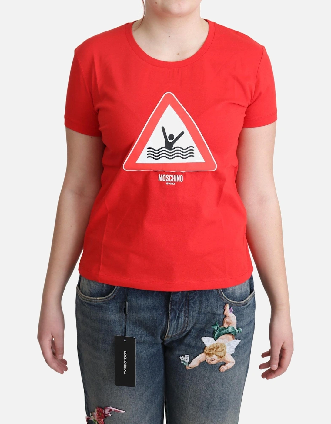 Triangle Swim Graphic Print Cotton T-shirt Women - Red, 5 of 4