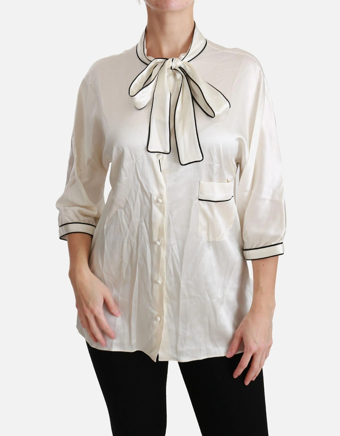Dolce Gabbana Silk Blouse Bow Tie Neck Women - Beige Shirts, 6 of 5