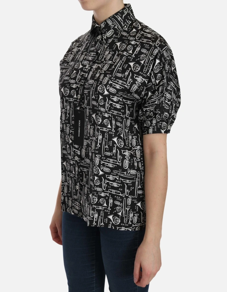 Silk Musical Instrument Print Shirt Women - Black