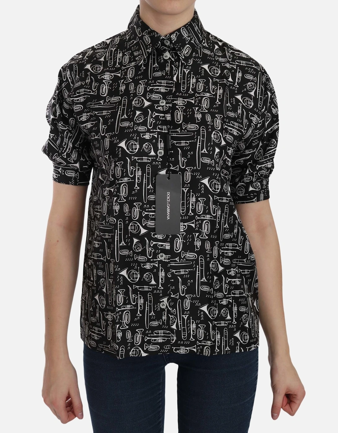 Silk Musical Instrument Print Shirt Women - Black, 5 of 4