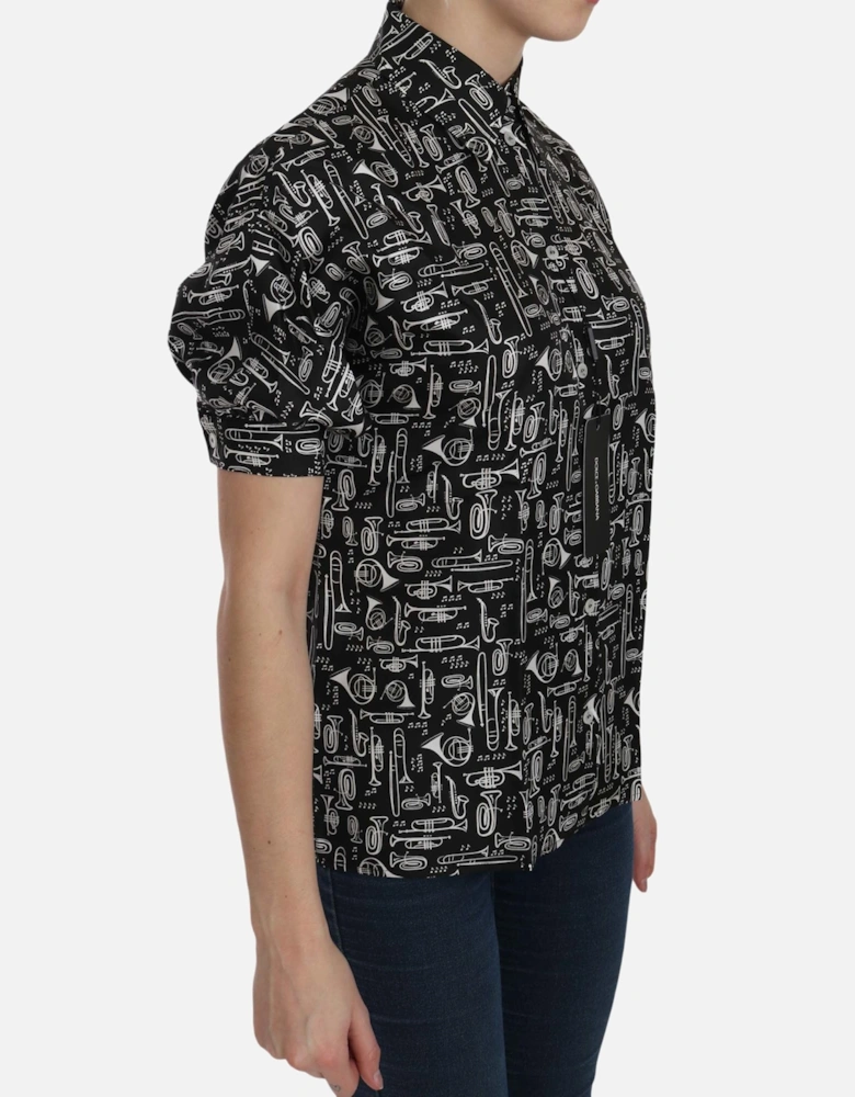 Silk Musical Instrument Print Shirt Women - Black
