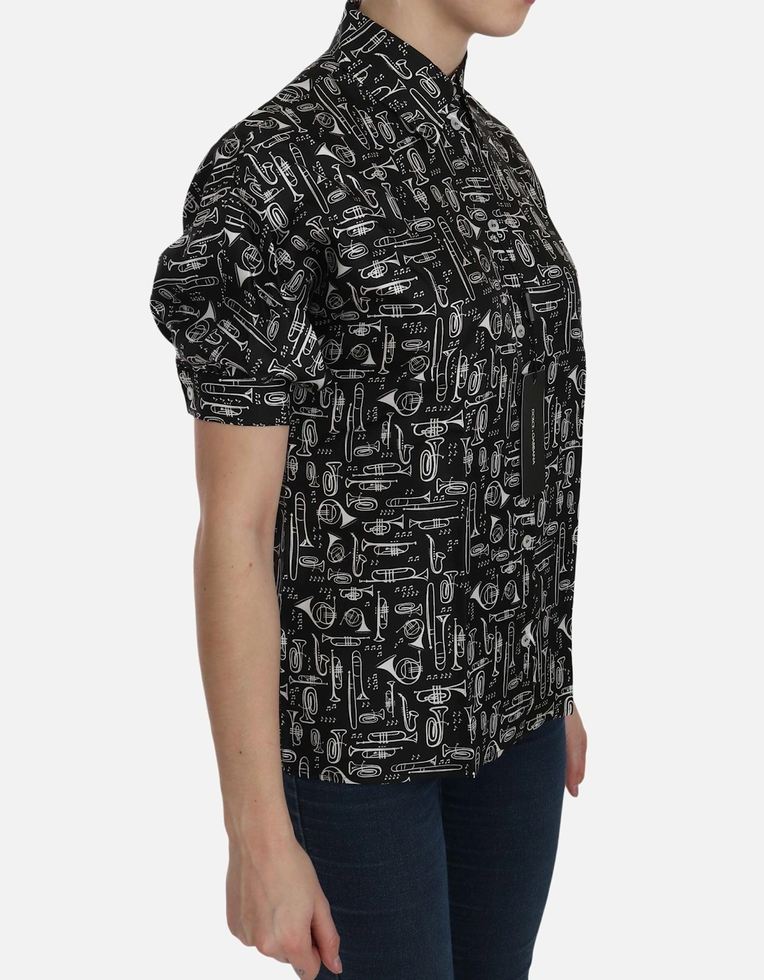 Silk Musical Instrument Print Shirt Women - Black