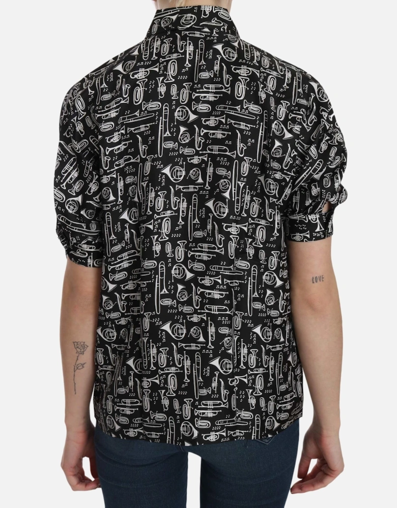 Silk Musical Instrument Print Shirt Women - Black