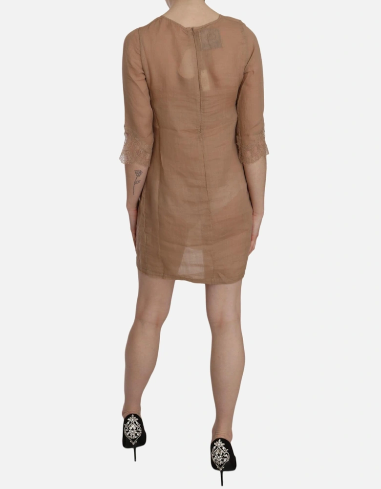 3/4 Sleeve Crewneck Shift Mini Dress Women - Brown Dresses