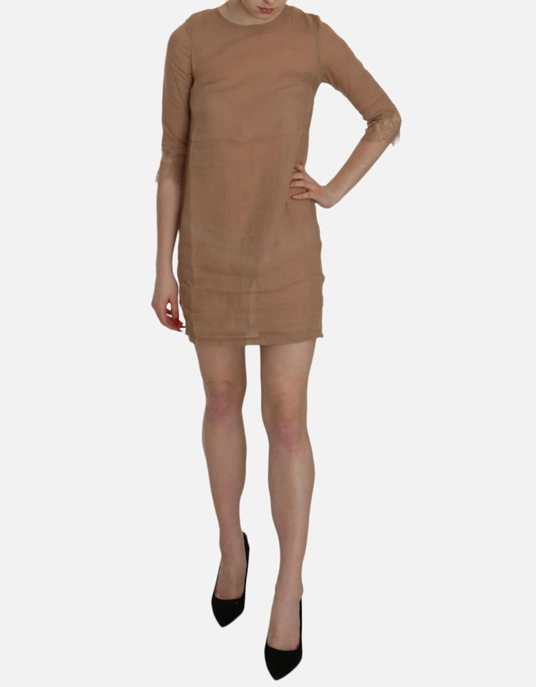3/4 Sleeve Crewneck Shift Mini Dress Women - Brown Dresses
