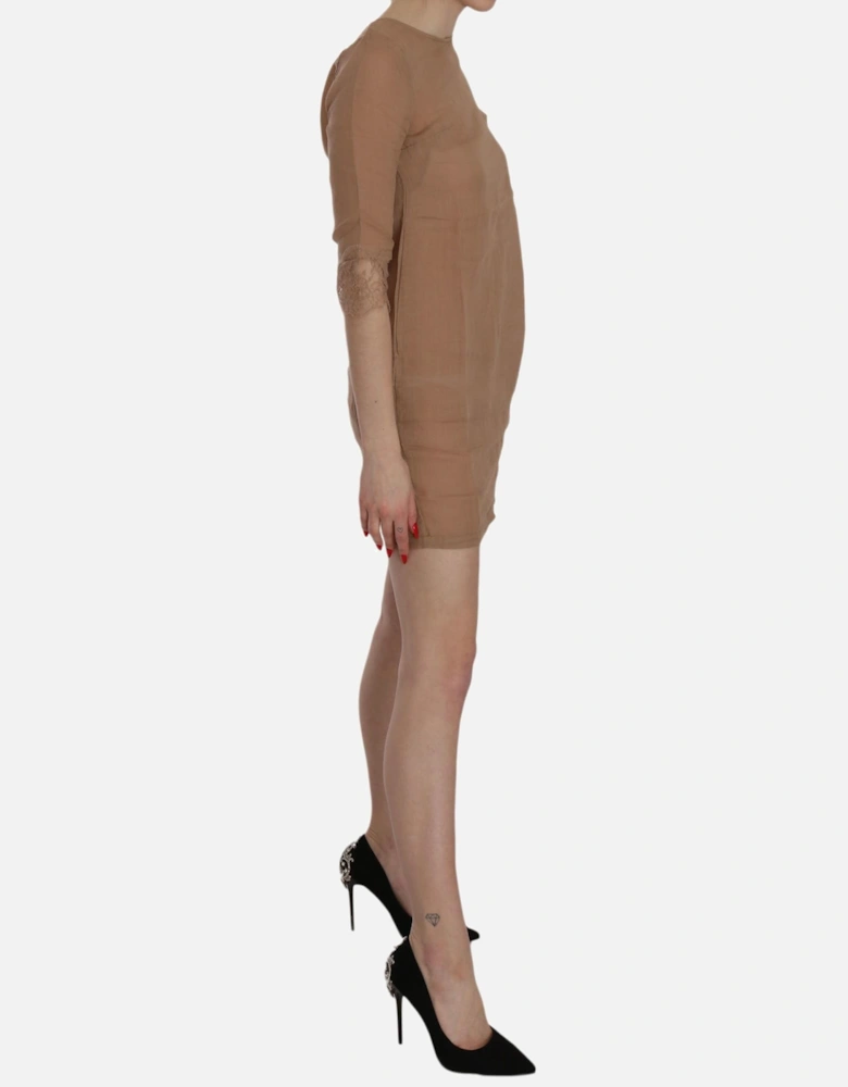 3/4 Sleeve Crewneck Shift Mini Dress Women - Brown Dresses