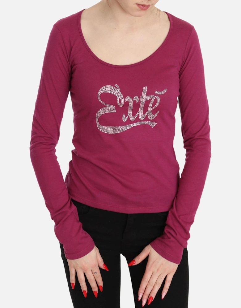 Long Sleeve Scoop Neck Tee Rhinestone Detail Women - Pink T-Shirts