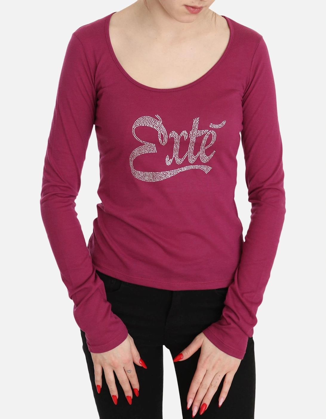 Long Sleeve Scoop Neck Tee Rhinestone Detail Women - Pink T-Shirts, 6 of 5