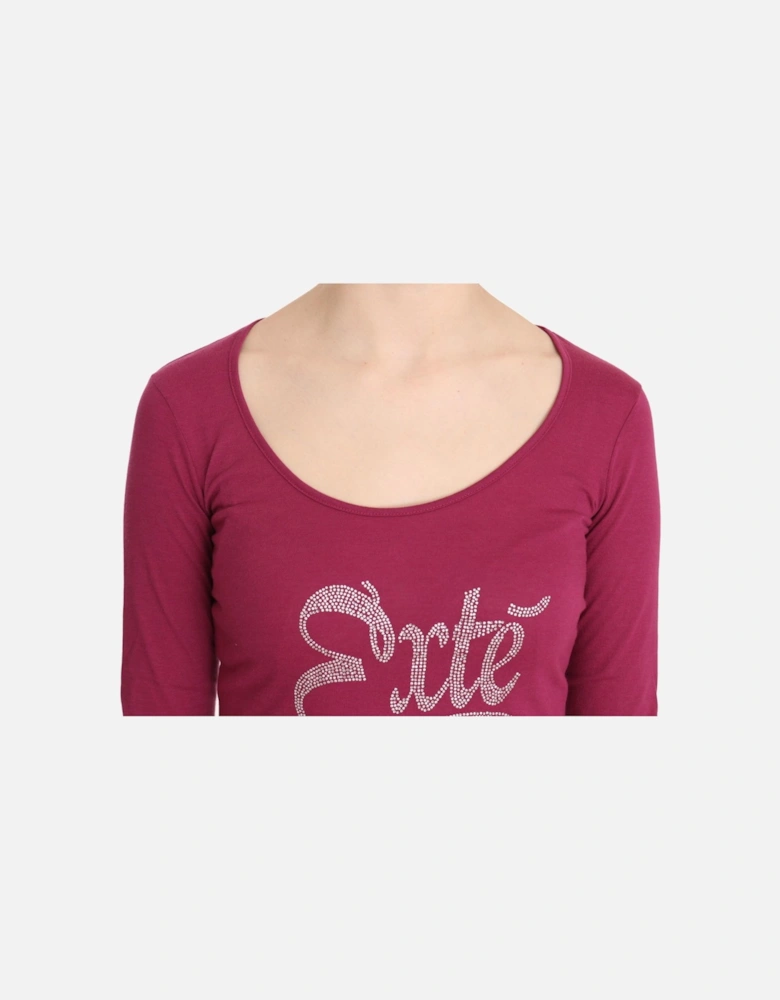 Long Sleeve Scoop Neck Tee Rhinestone Detail Women - Pink T-Shirts