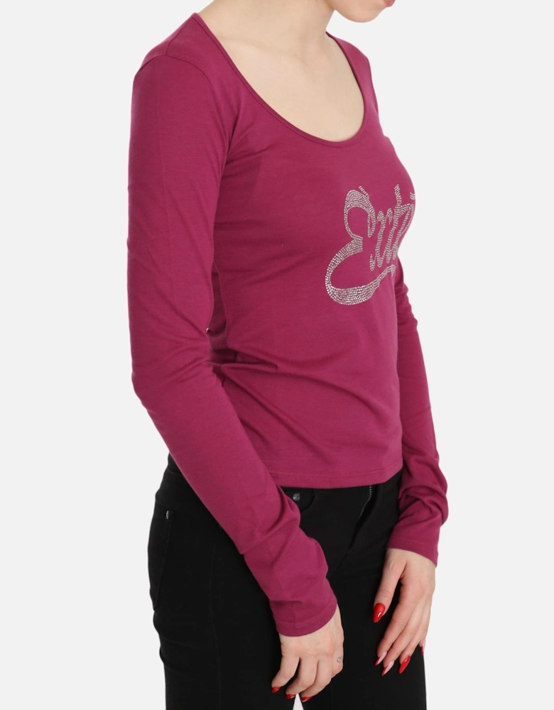 Long Sleeve Scoop Neck Tee Rhinestone Detail Women - Pink T-Shirts