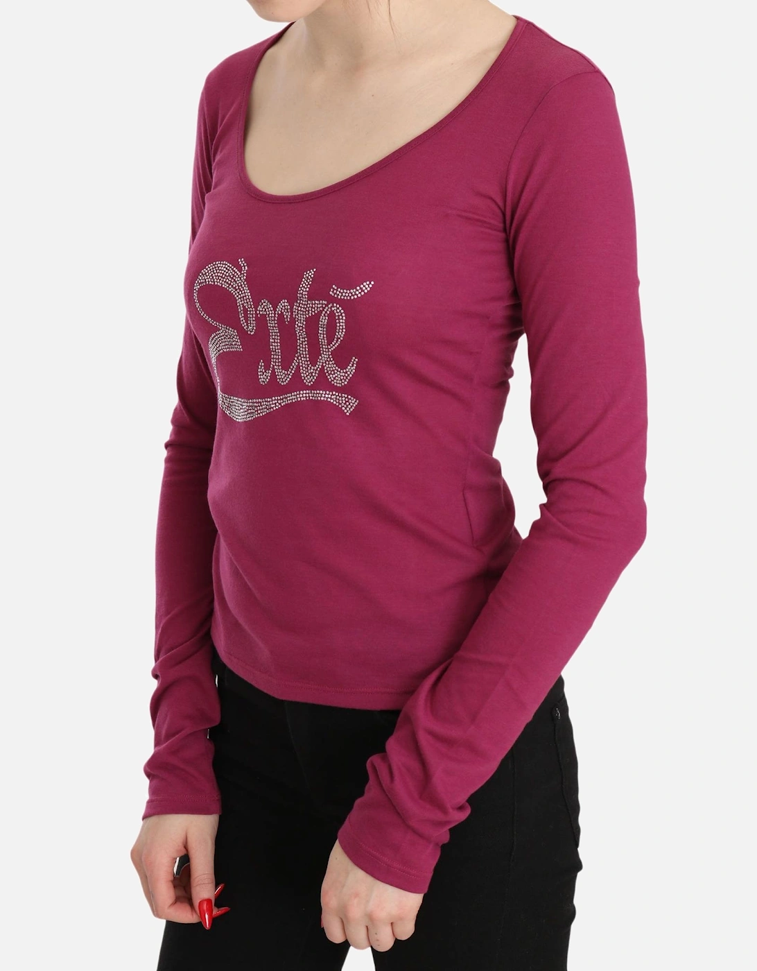Long Sleeve Scoop Neck Tee Rhinestone Detail Women - Pink T-Shirts