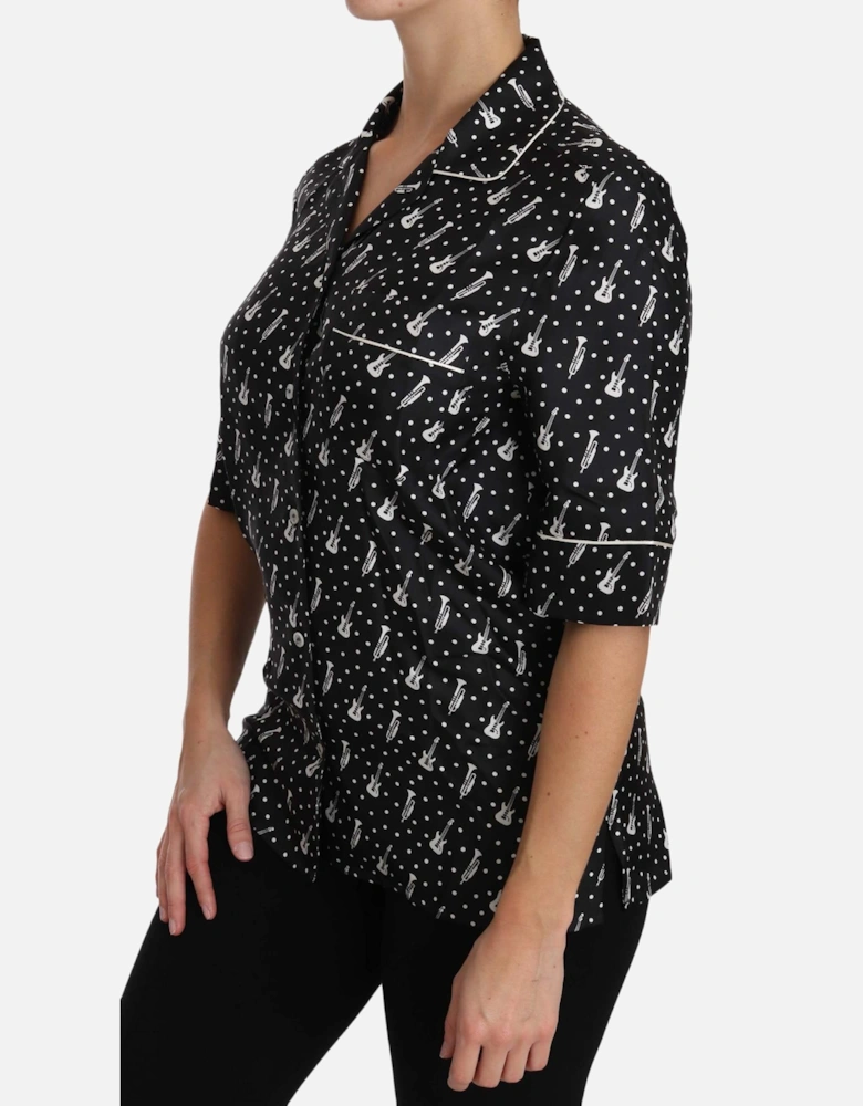 Music Print Silk Shirt Short Sleeve Blouse Women - Black