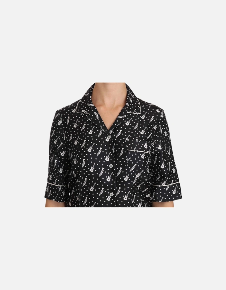 Music Print Silk Shirt Short Sleeve Blouse Women - Black