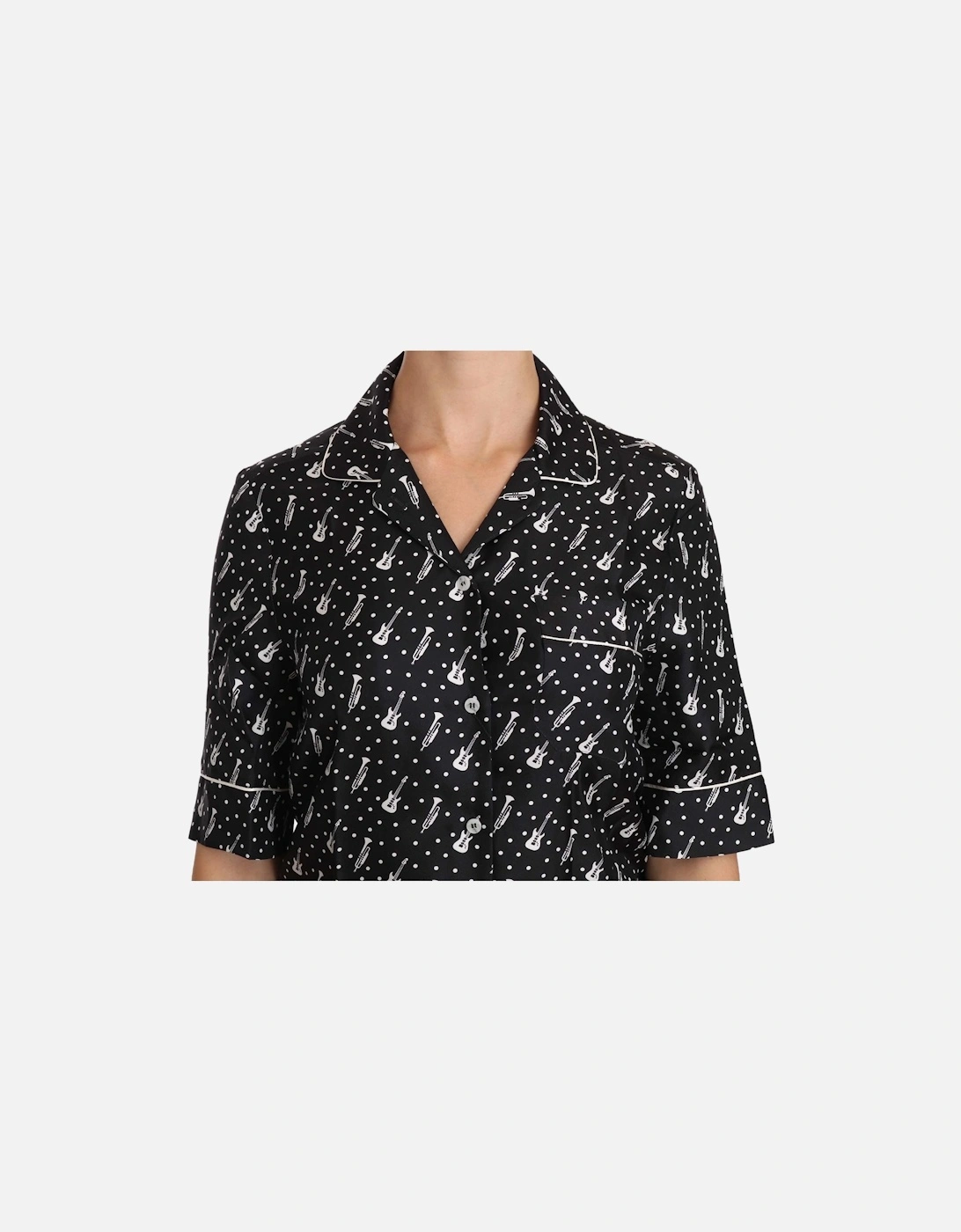 Music Print Silk Shirt Short Sleeve Blouse Women - Black