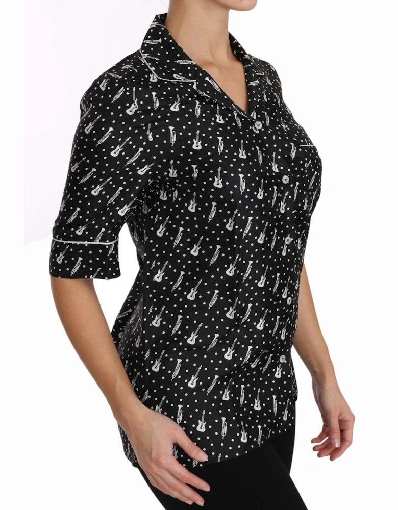 Music Print Silk Shirt Short Sleeve Blouse Women - Black