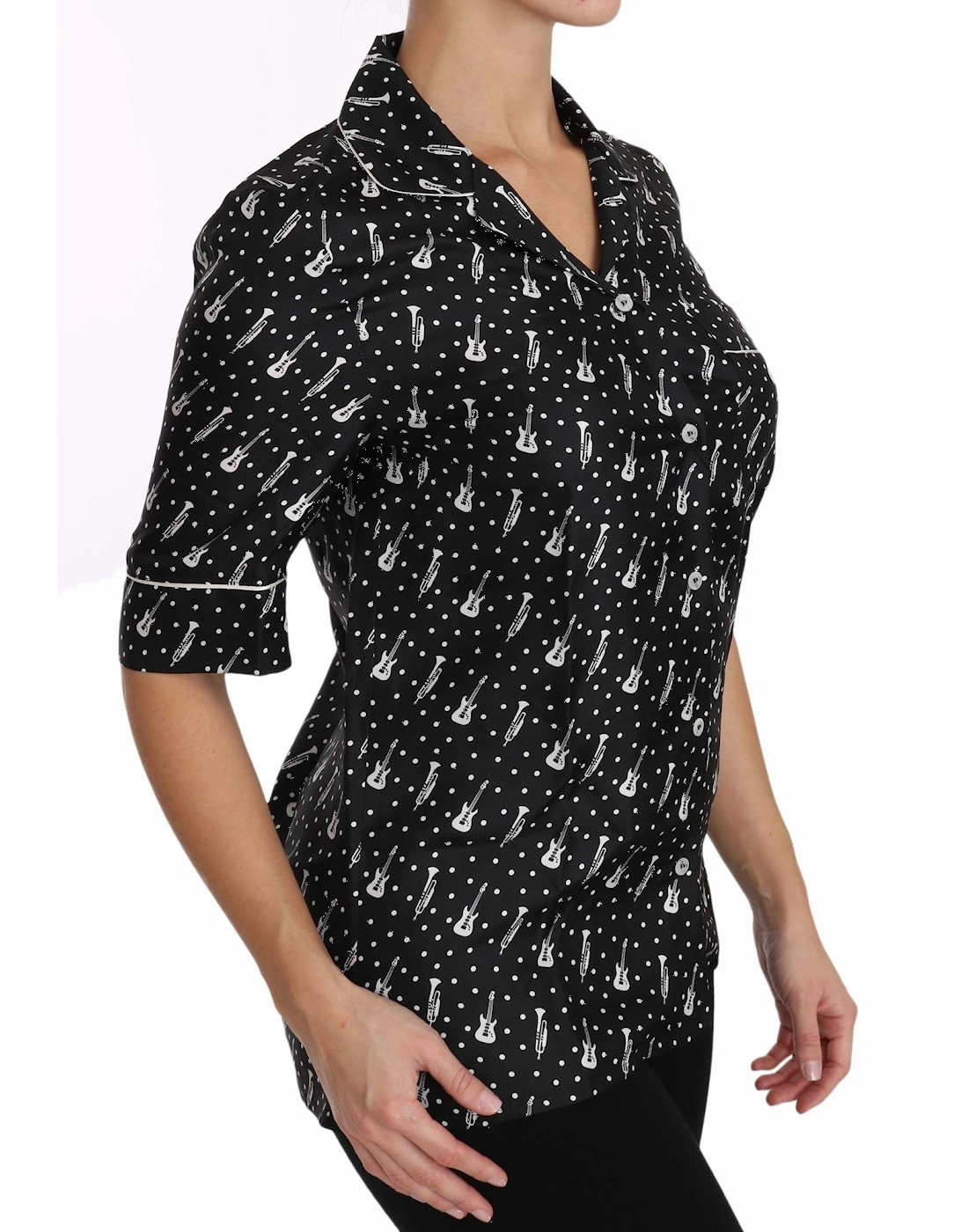 Music Print Silk Shirt Short Sleeve Blouse Women - Black