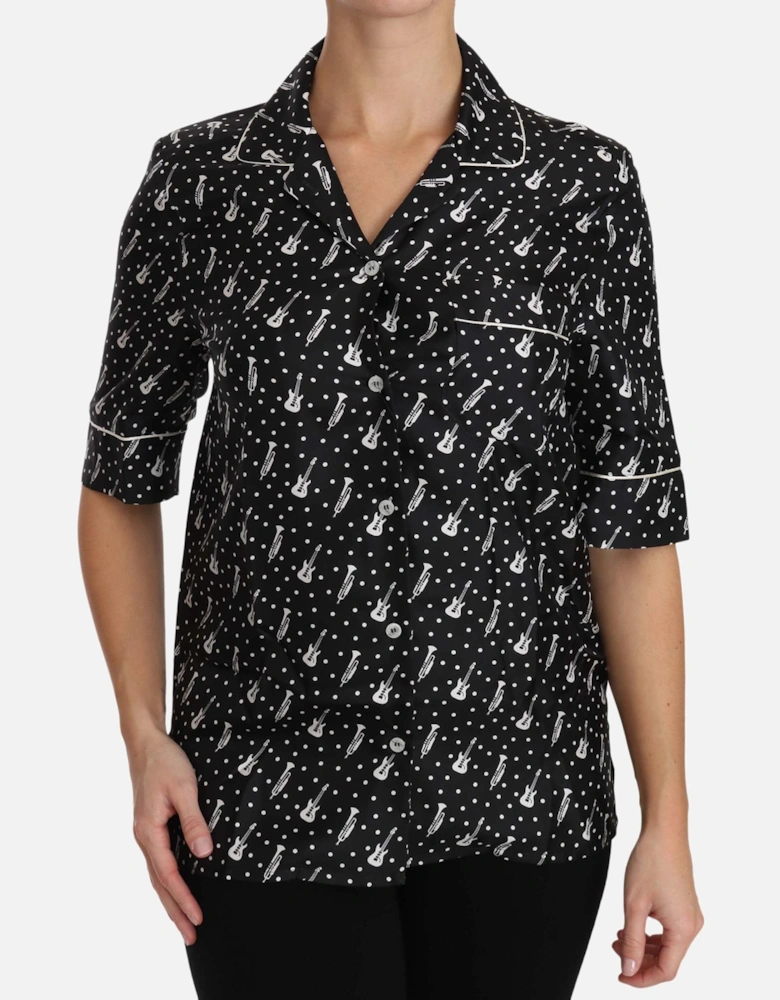 Music Print Silk Shirt Short Sleeve Blouse Women - Black