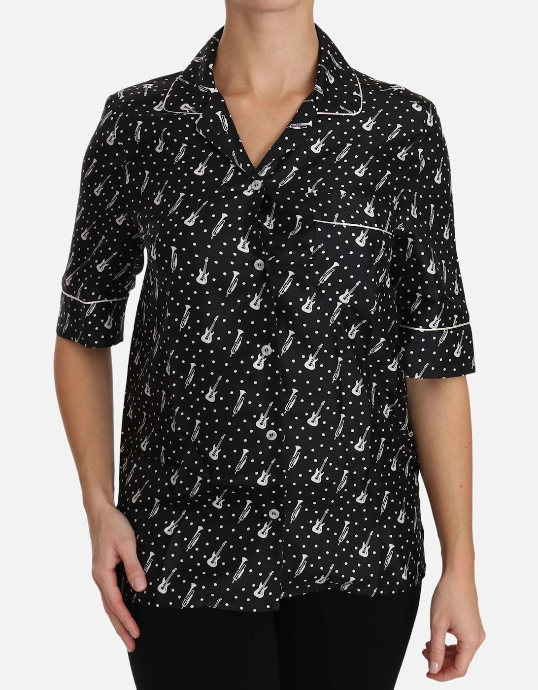 Music Print Silk Shirt Short Sleeve Blouse Women - Black
