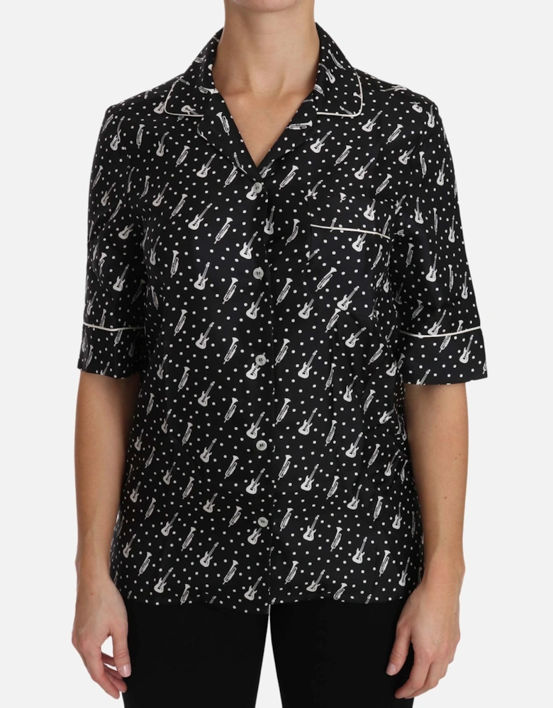 Music Print Silk Shirt Short Sleeve Blouse Women - Black