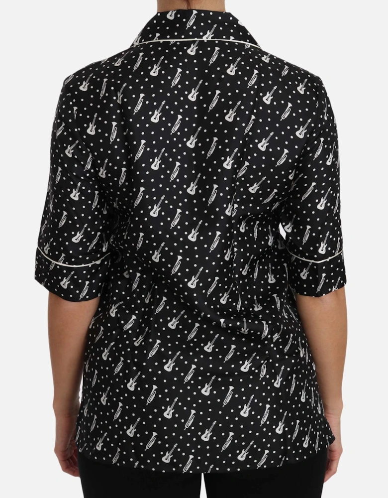 Music Print Silk Shirt Short Sleeve Blouse Women - Black