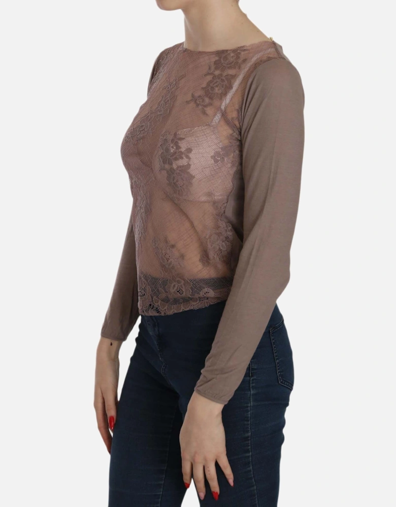Lace Overlay Long Sleeve Top Women - Brown T-Shirts