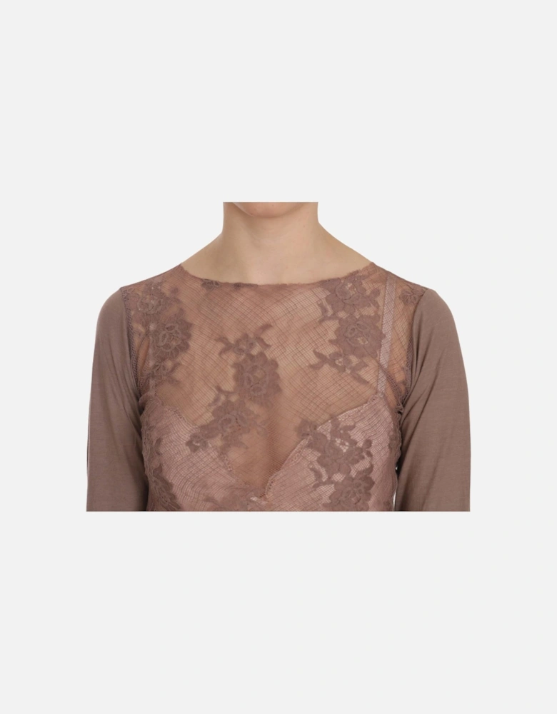Lace Overlay Long Sleeve Top Women - Brown T-Shirts