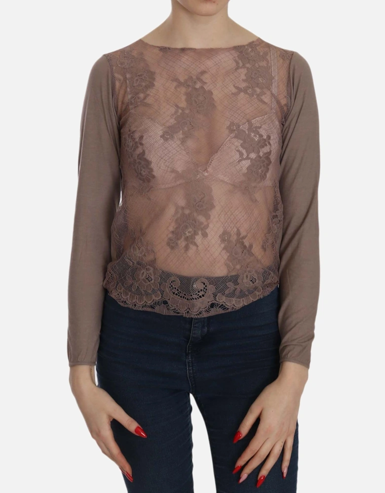Lace Overlay Long Sleeve Top Women - Brown T-Shirts