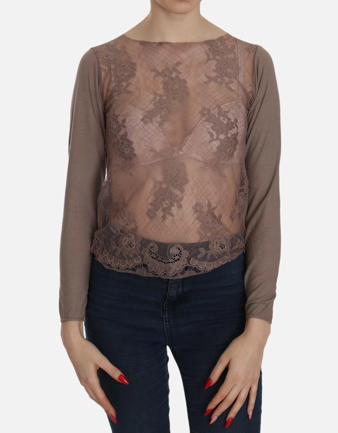 Lace Overlay Long Sleeve Top Women - Brown T-Shirts, 6 of 5